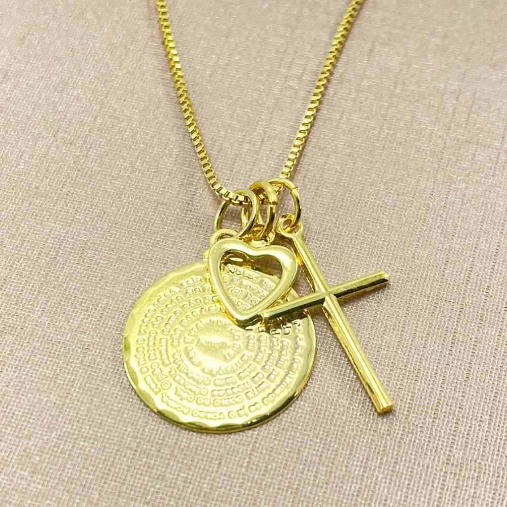 COLAR PAI NOSSO COM PIGENTES DE CORA��O E CRUZ  - FOLHEADO