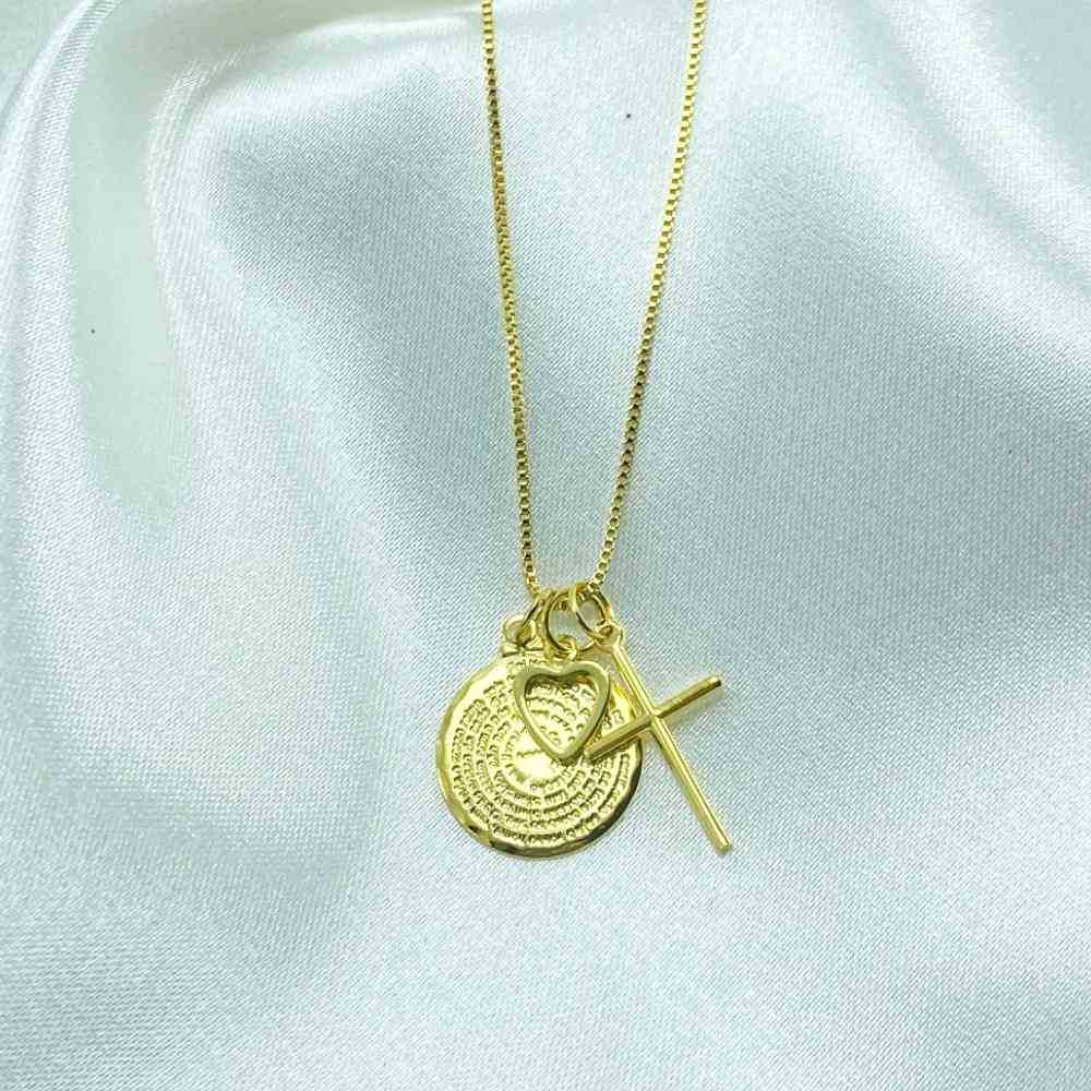 COLAR PAI NOSSO COM PIGENTES DE CORA��O E CRUZ  - FOLHEADO