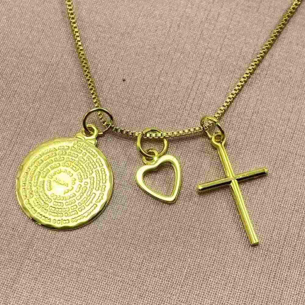 COLAR PAI NOSSO COM PIGENTES DE CORA��O E CRUZ  - FOLHEADO