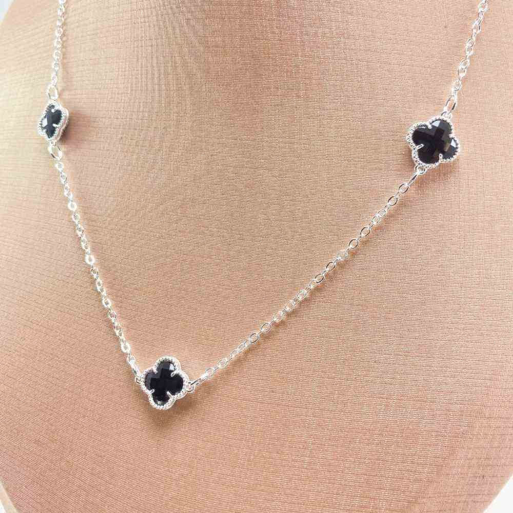 COLAR TREVO PRETO PRATEADO  - FOLHEADO 