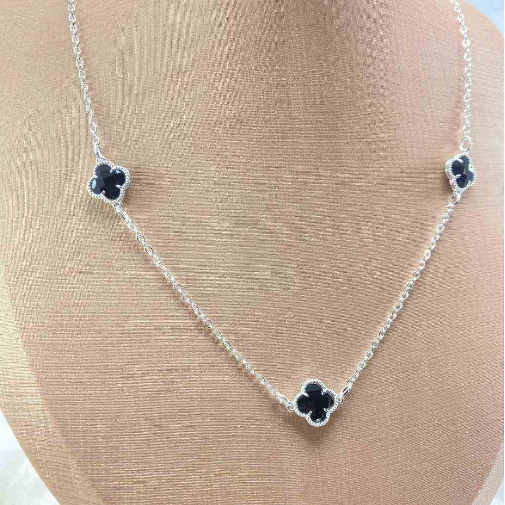 COLAR TREVO PRETO PRATEADO  - FOLHEADO 