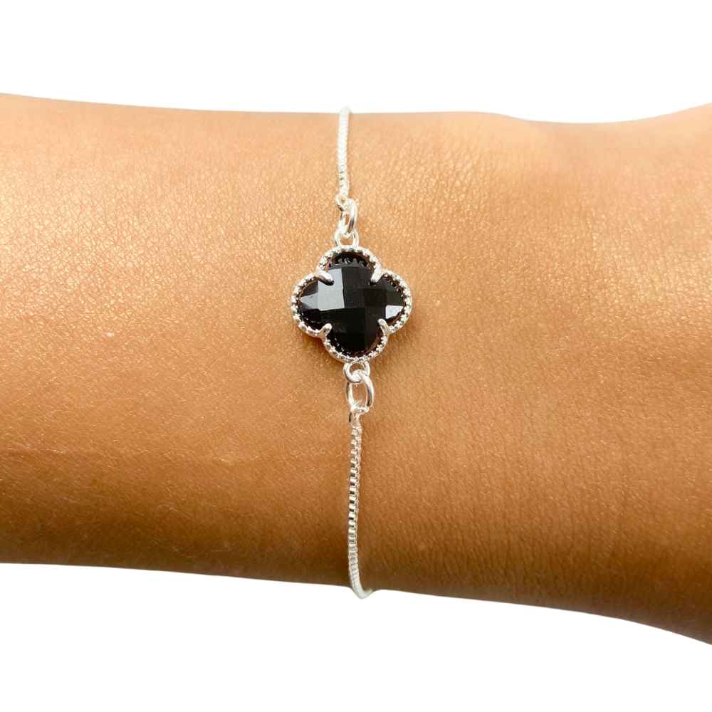 PULSEIRA TREVO PRETO PRATEADO FOLHEADO - COM BRINDE 