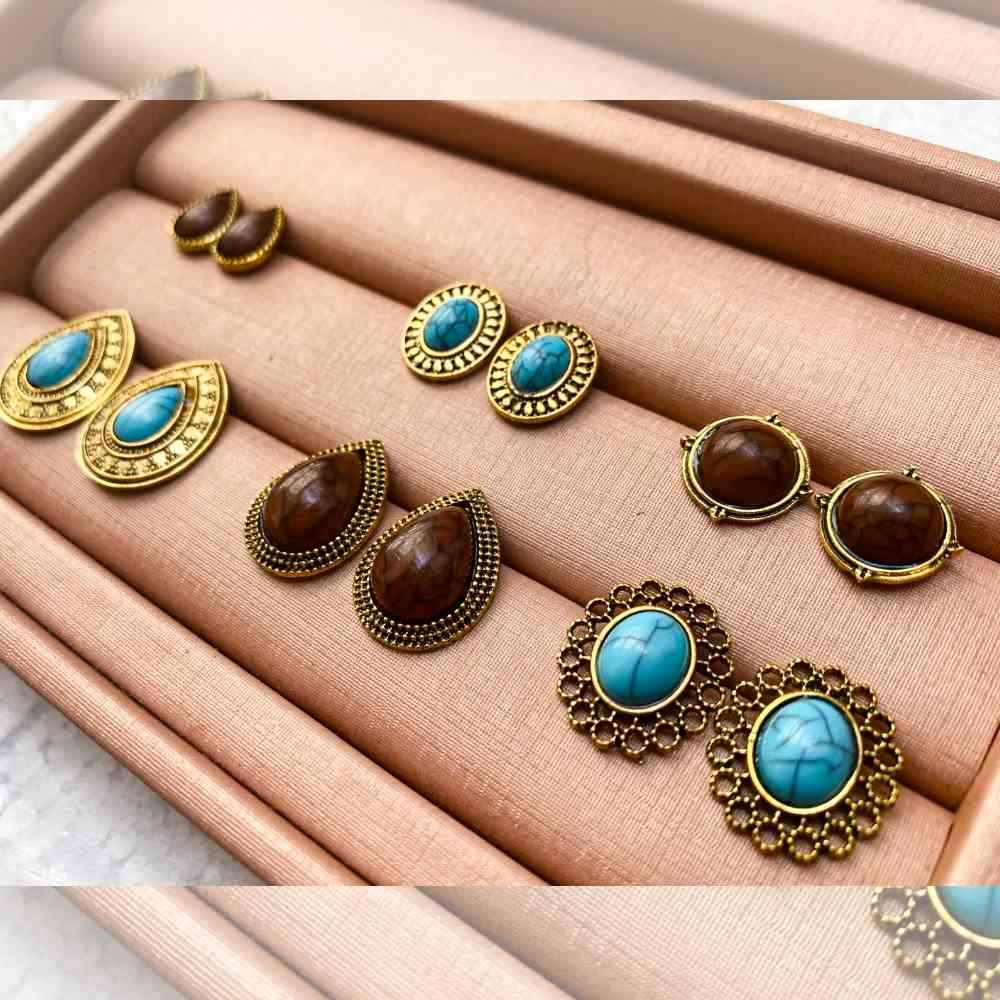 KIT BRINCOS BOHO GLAM MARROM E TURQUESA