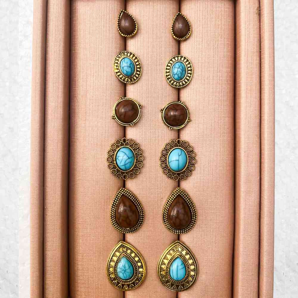 KIT BRINCOS BOHO GLAM MARROM E TURQUESA