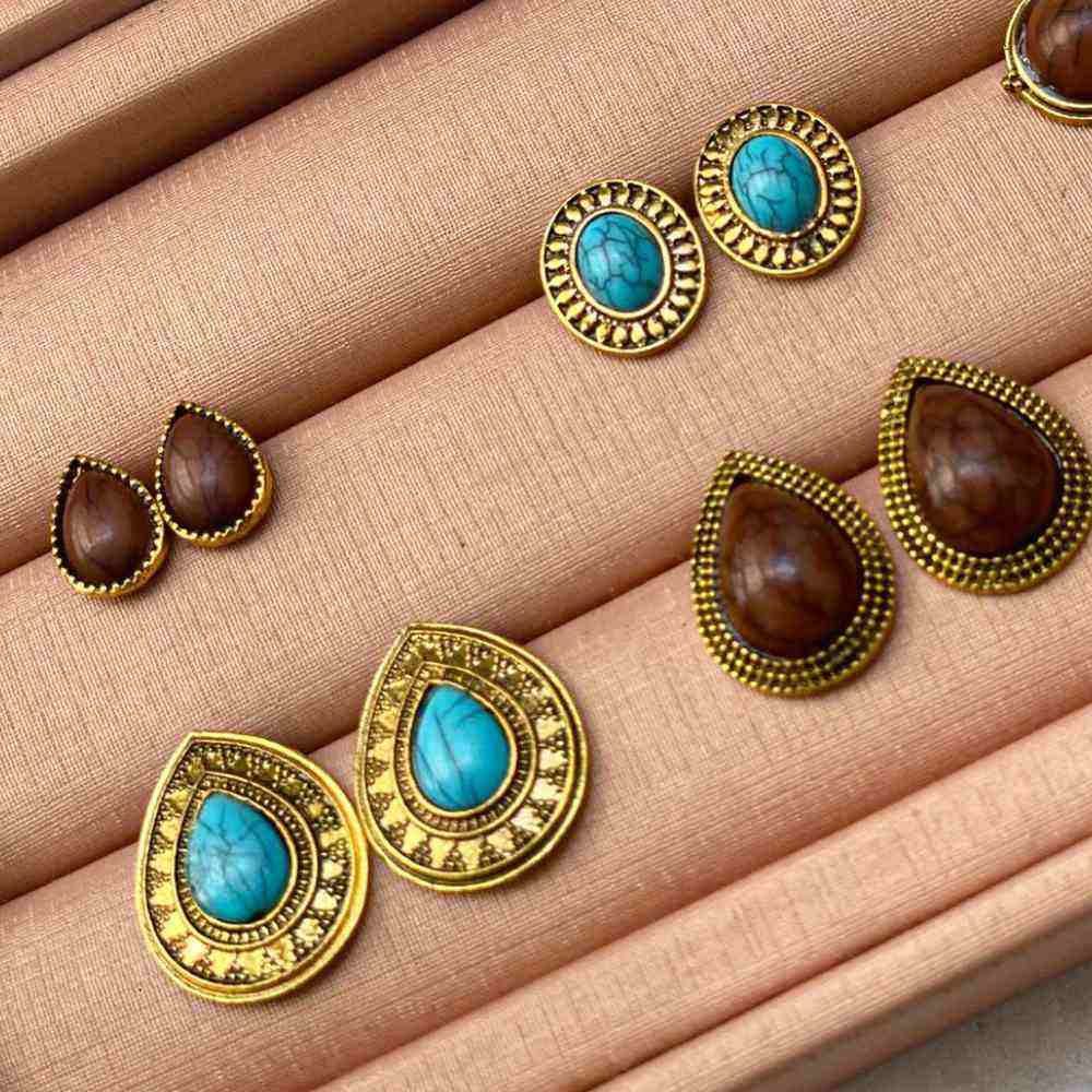 KIT BRINCOS BOHO GLAM MARROM E TURQUESA